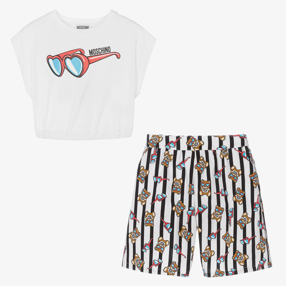 Moschino Kid-Teen - Teen Girls White Bear Stripe Shorts Set | Childrensalon