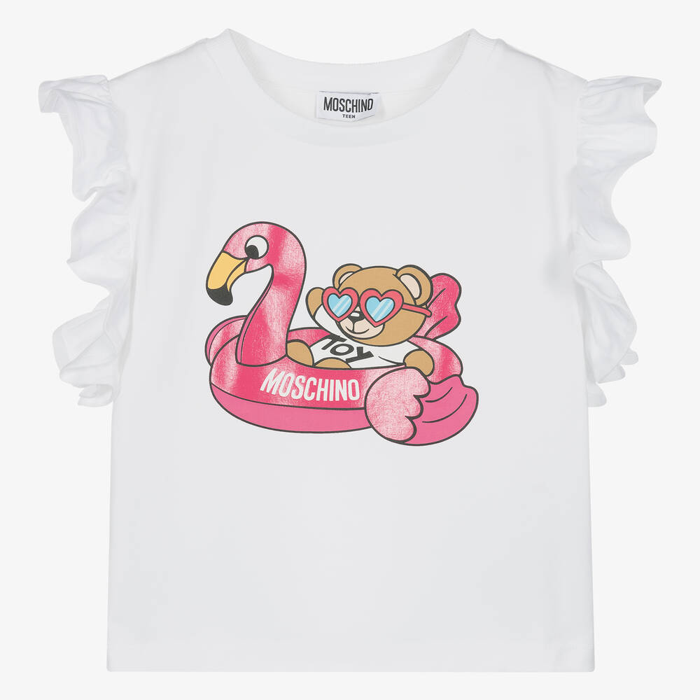 Shop Moschino Kid-teen Teen Girls White Cotton Flamingo T-shirt