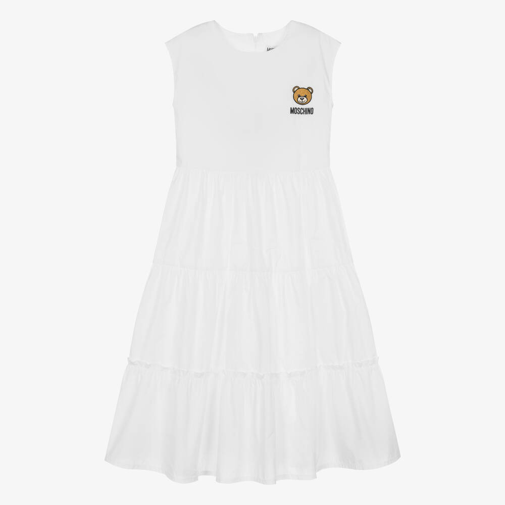 Shop Moschino Kid-teen Teen Girls White Cotton Midi Dress