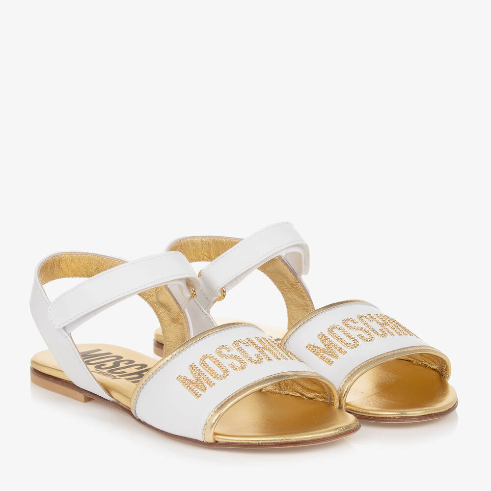 Moschino Kid-Teen - Teen Girls White & Gold Leather Sandals | Childrensalon