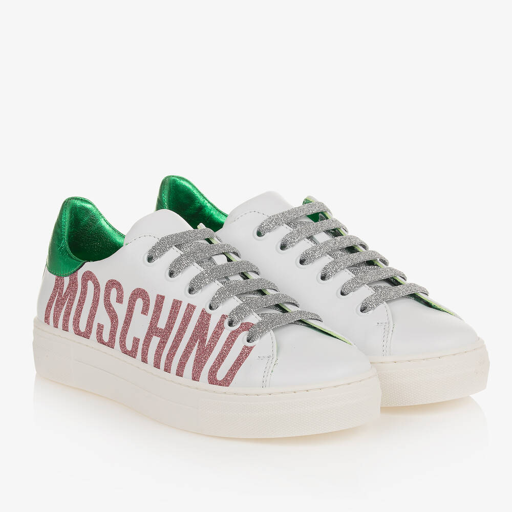 Moschino Kid-Teen - حذاء رياضي جلد لون أبيض مزين بغليتر للمراهقات | Childrensalon