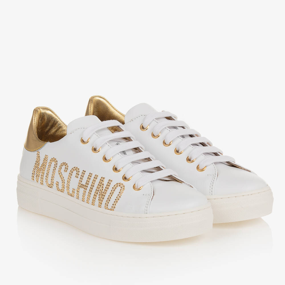 Moschino Kid-Teen - حذاء رياضي بأربطة جلد لون أبيض للمراهقات | Childrensalon
