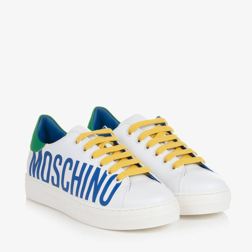 Moschino Kid-Teen -  Teen White & Blue Leather Trainers | Childrensalon