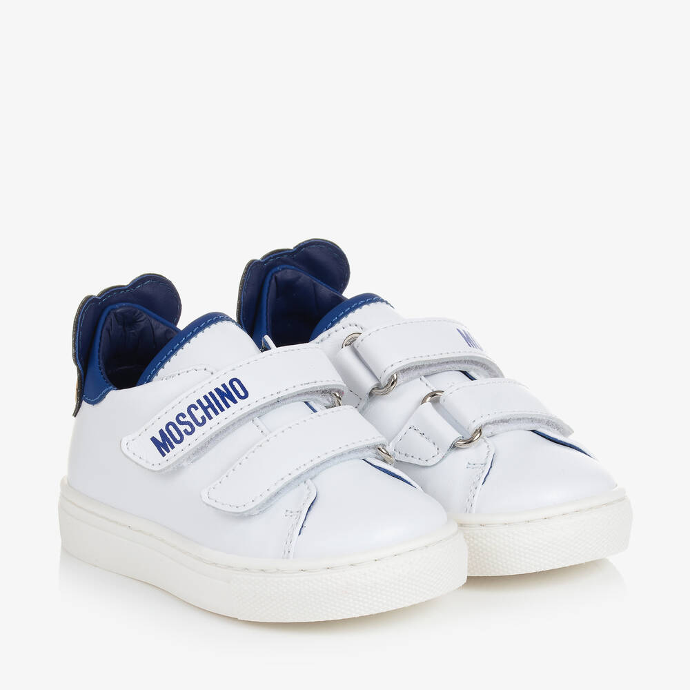 Moschino Kid-Teen - Бело-синие кожаные кроссовки с медвежатами | Childrensalon