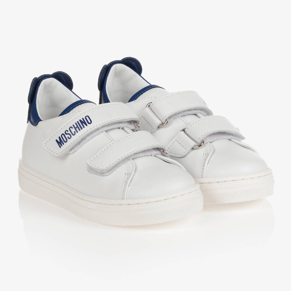 Moschino Baby - Белые кожаные кроссовки с синей вставкой | Childrensalon