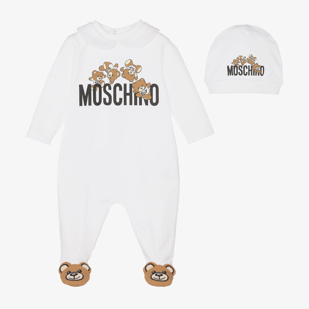 Moschino Baby - White Cotton Teddy Bear Babygrow Gift Set | Childrensalon
