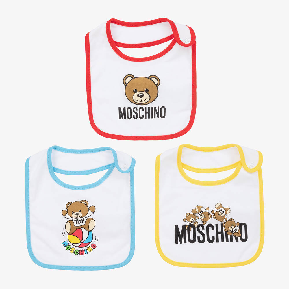 Moschino Baby - White Cotton Teddy Bear Bibs (3 Pack) | Childrensalon