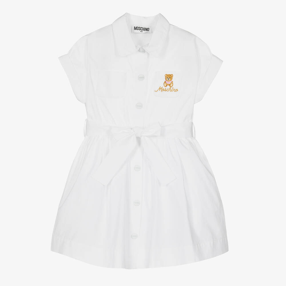 Moschino Kid-teen Babies' Girls White Cotton Teddy Logo Shirt Dress