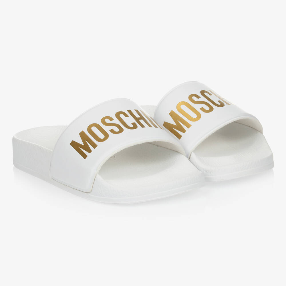 Moschino Kid-Teen - Claquettes blanc et doré | Childrensalon