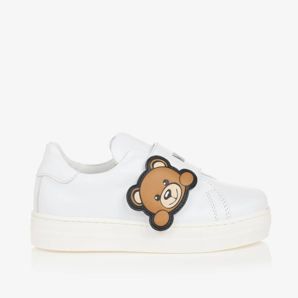Moschino Kid-teen White Leather Teddy Bear Velcro Trainers
