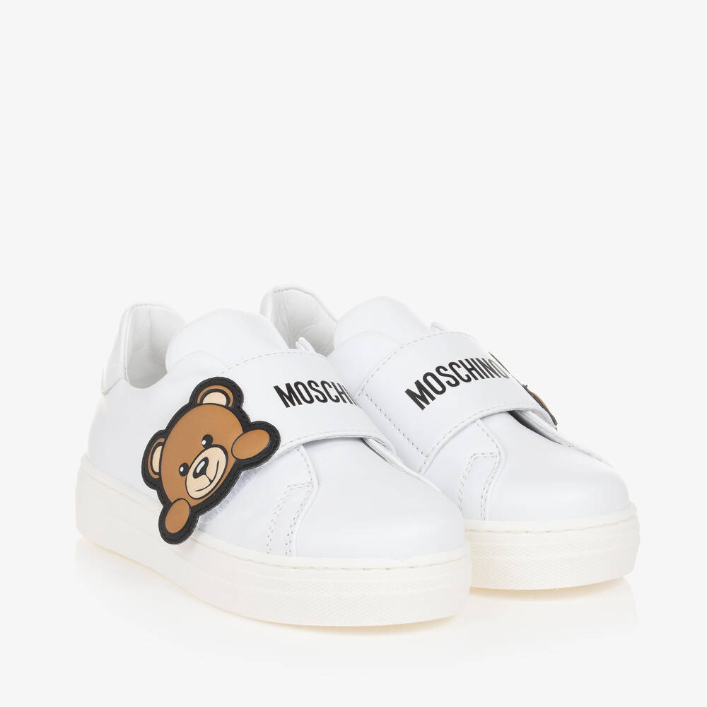 Moschino Kid-Teen - Белые кожаные кроссовки на липучке с медвежатами | Childrensalon