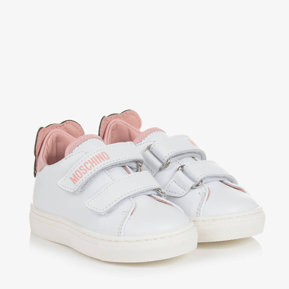 Moschino Kid-Teen - Leder-Sneakers mit Teddy Weiß/Rosa | Childrensalon