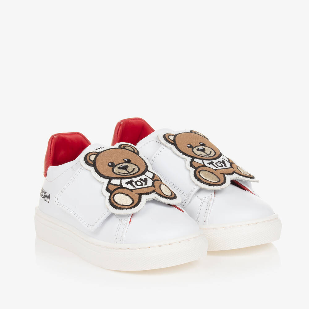 Moschino Baby - Baskets cuir blanc et rouge Teddy Bear | Childrensalon