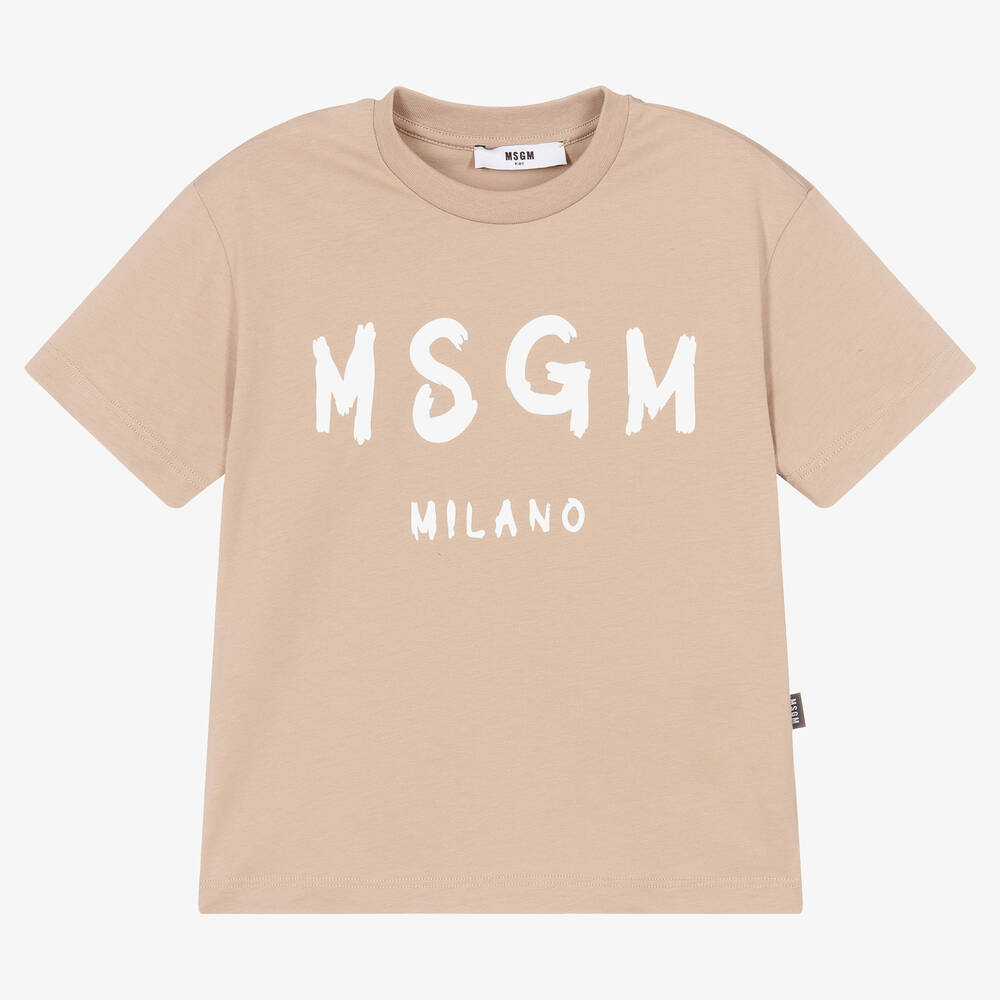 MSGM - Beige Cotton Brushed Logo T-Shirt | Childrensalon