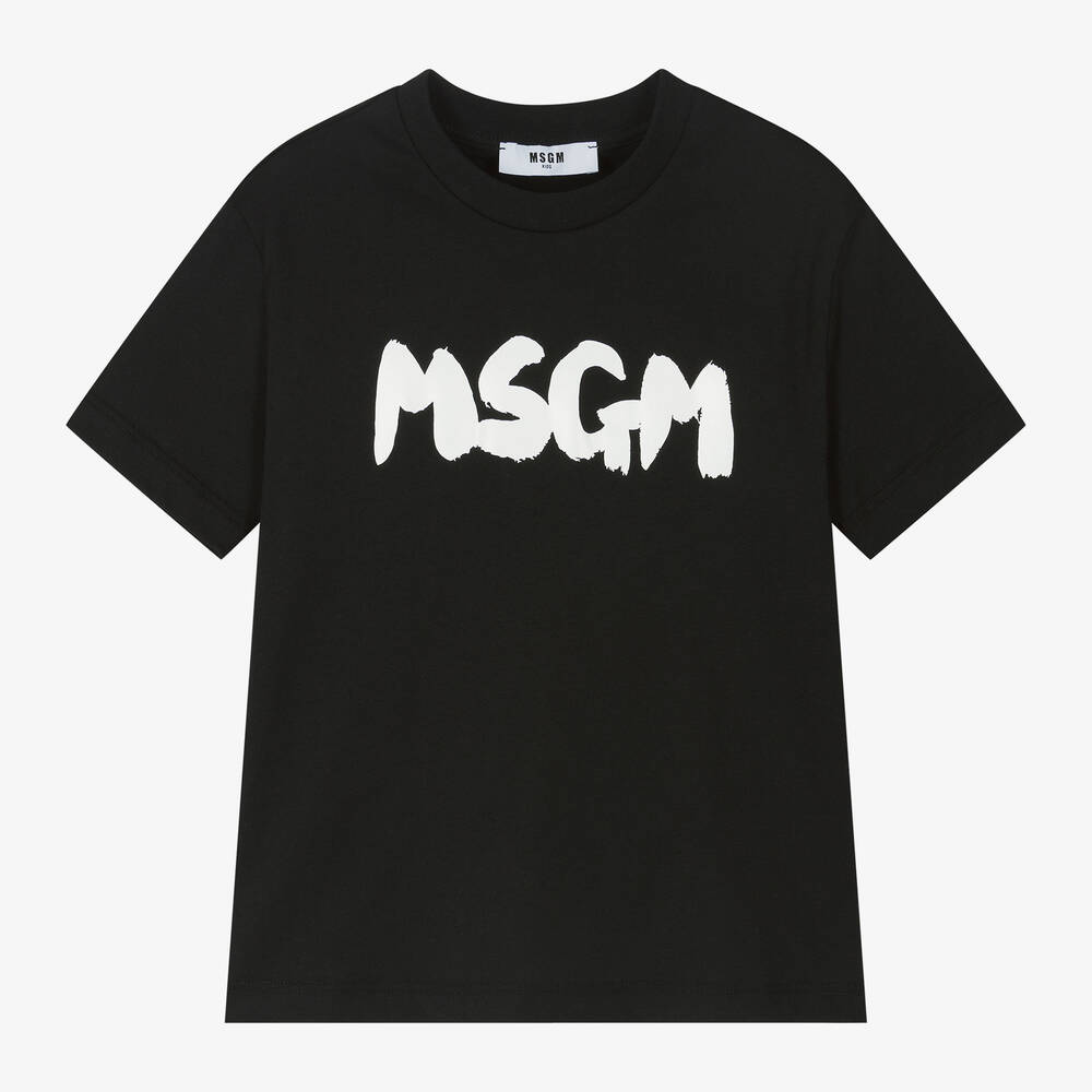 MSGM - Black Cotton Brushstroke Logo T-Shirt | Childrensalon