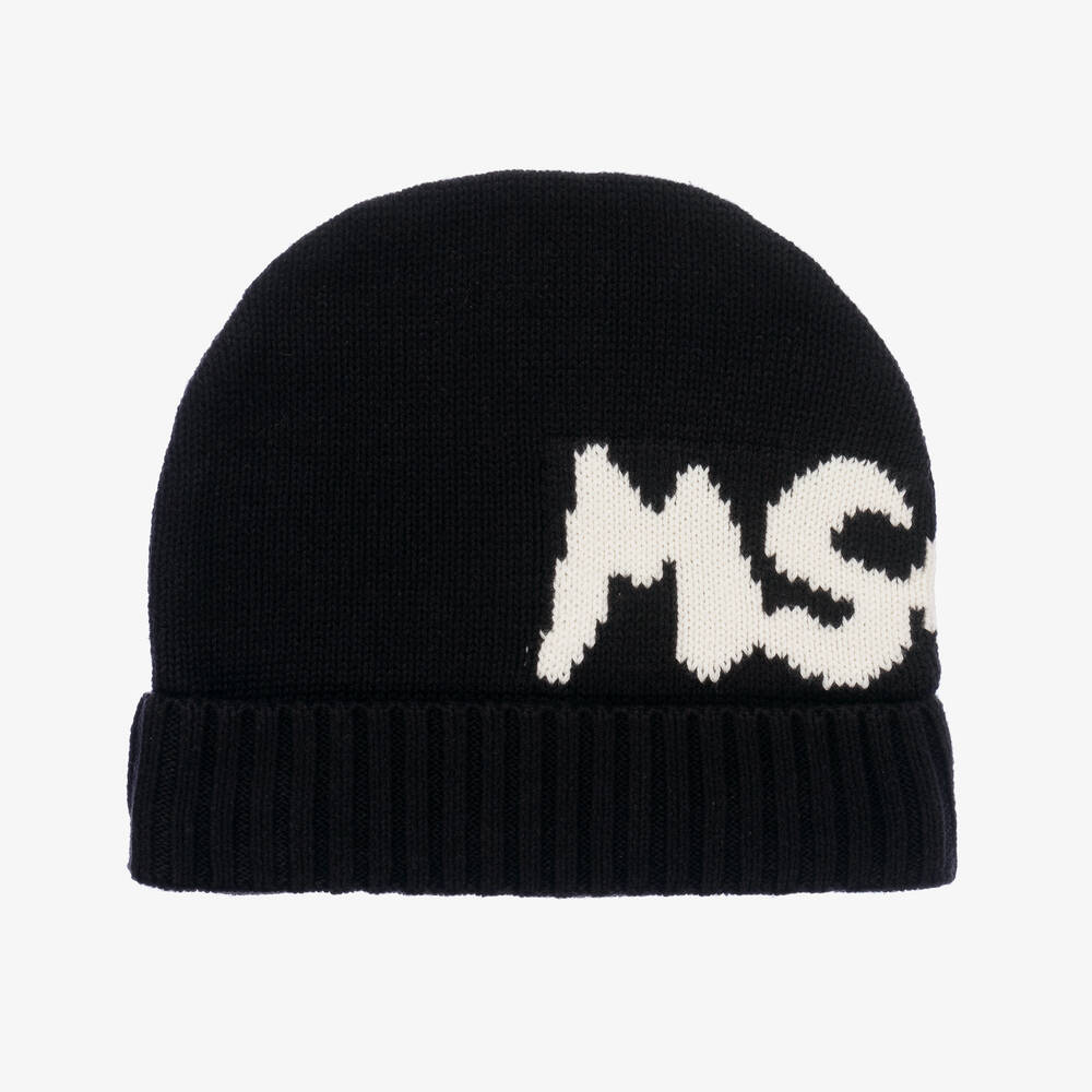 MSGM - Black Knitted Cotton Beanie Hat | Childrensalon