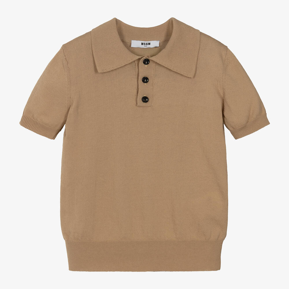 MSGM - Boys Beige Cotton Knit Polo Shirt | Childrensalon