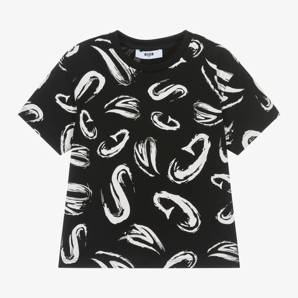 MSGM - Boys Black Graphic Cotton T-Shirt | Childrensalon