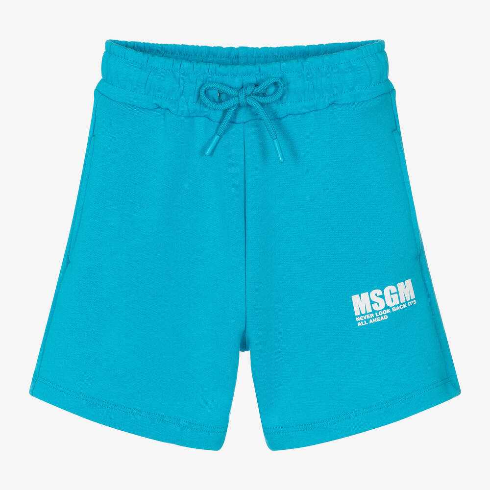 MSGM - Голубые хлопковые шорты с надписью для мальчиков | Childrensalon