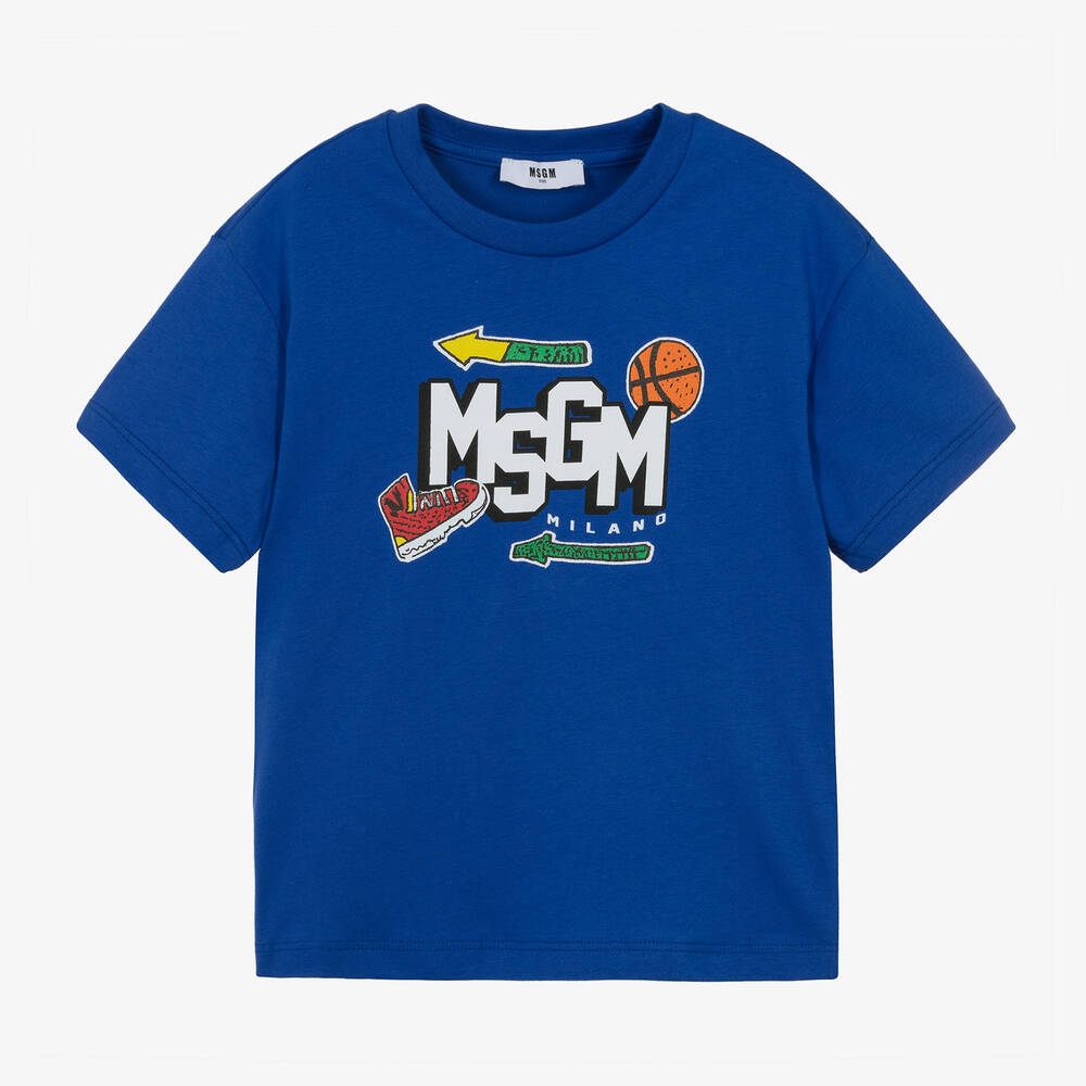 MSGM - تيشيرت قطن لون أزرق بطبعة شعار الماركة | Childrensalon
