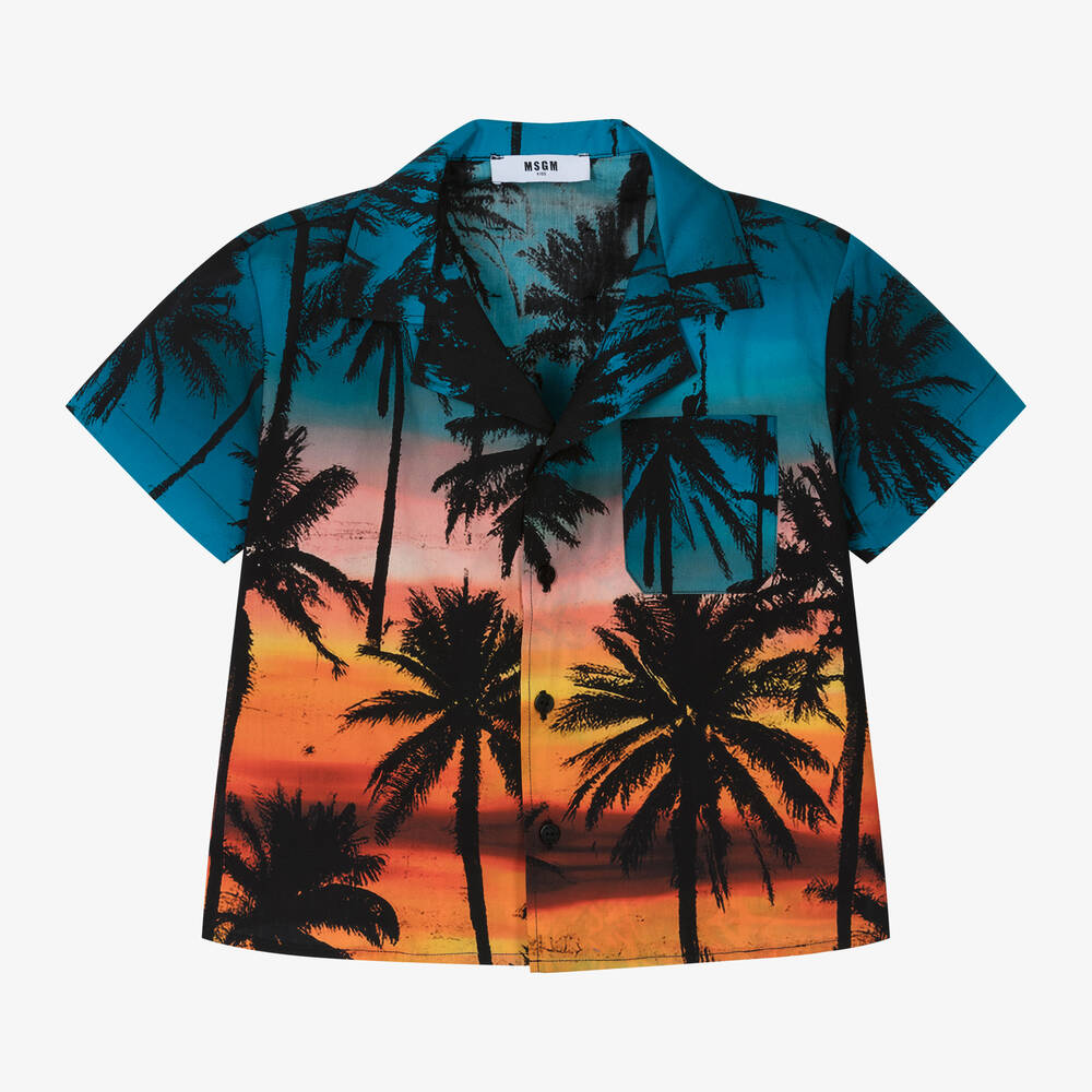 MSGM - Boys Blue & Orange Palm Tree Cotton Shirt | Childrensalon
