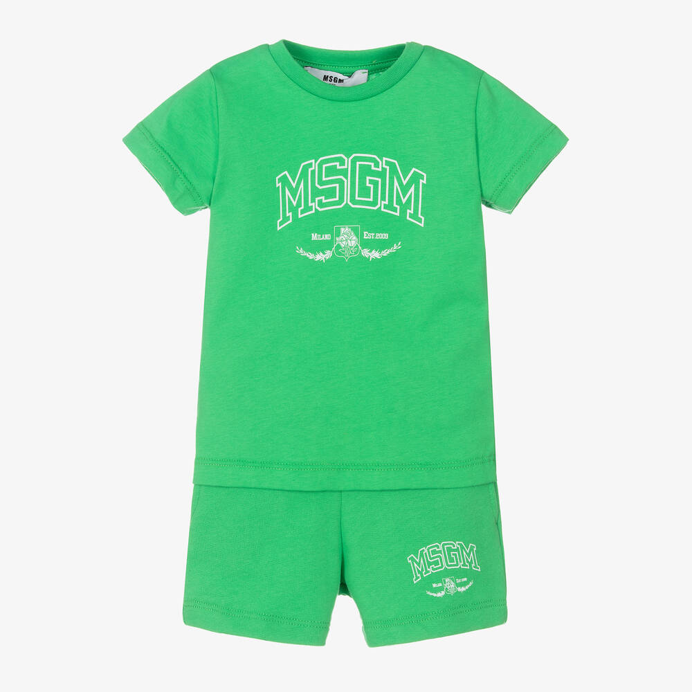 Shop Msgm Boys Green Cotton Varsity Shorts Set