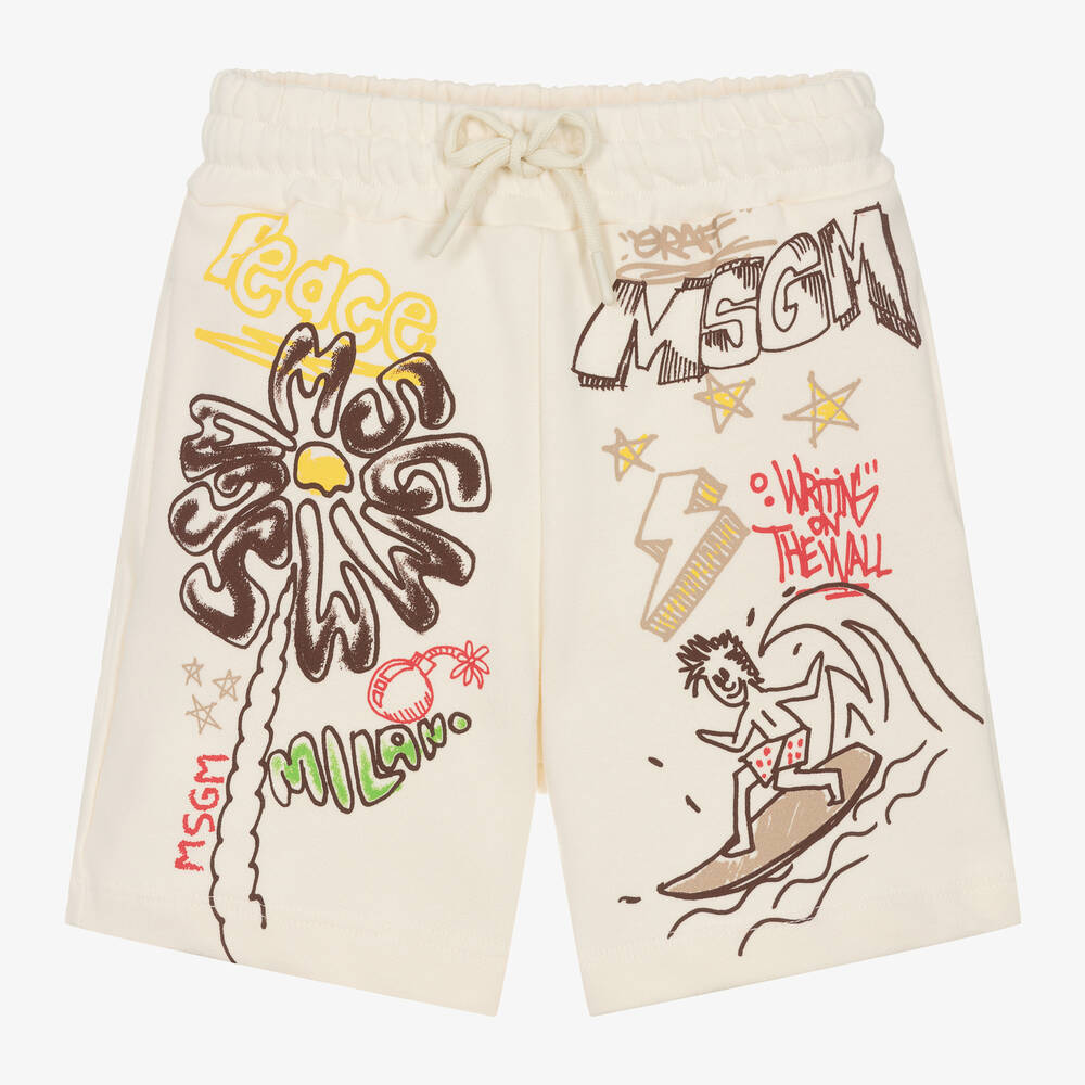MSGM - Boys Ivory Cotton Graffiti Print Shorts | Childrensalon