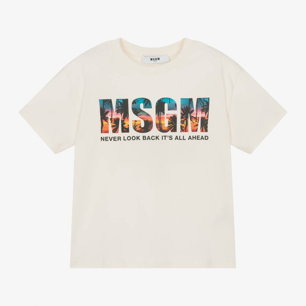 MSGM - Кремовая хлопковая футболка с надписью для мальчиков | Childrensalon