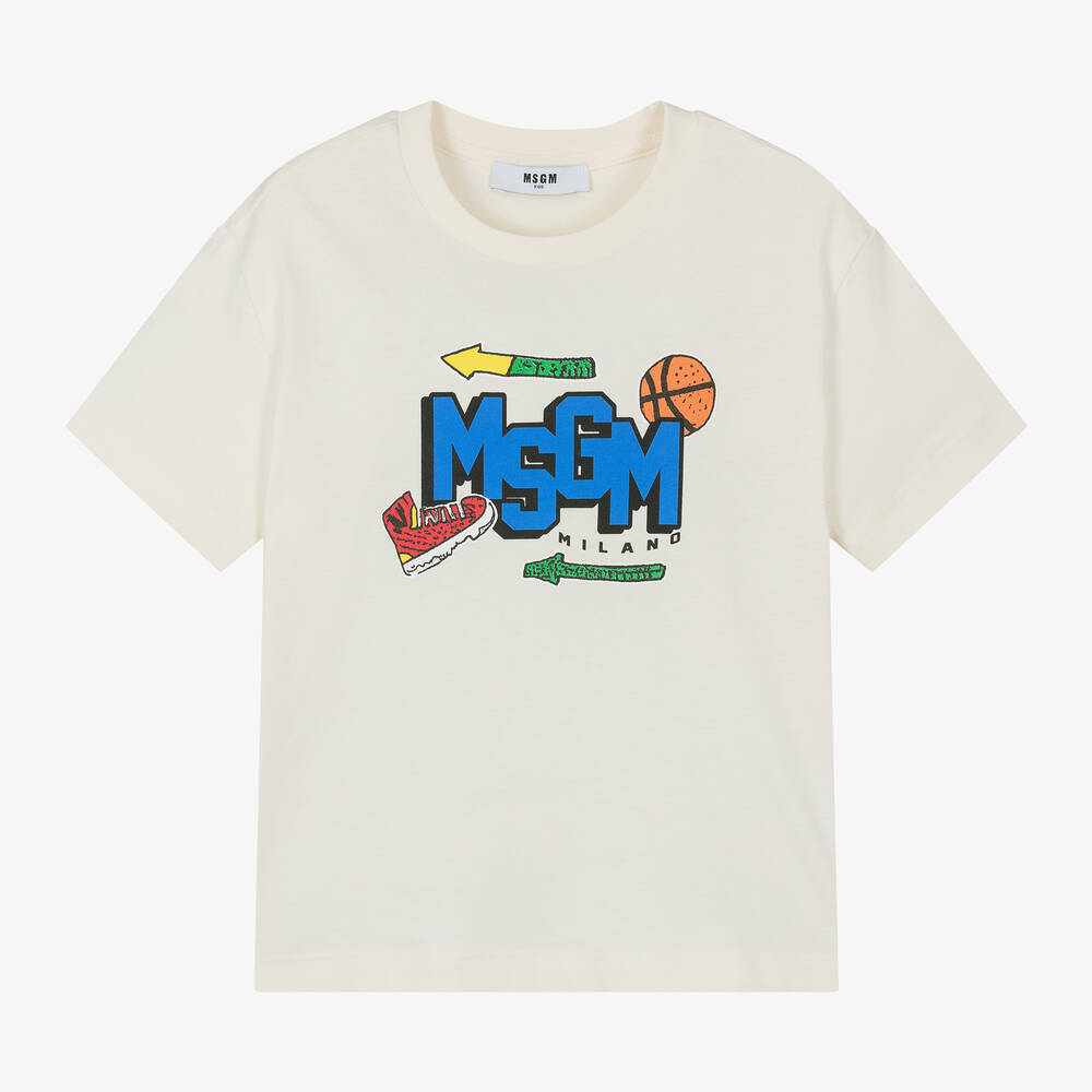 MSGM - Boys Ivory Cotton Varsity T-Shirt | Childrensalon