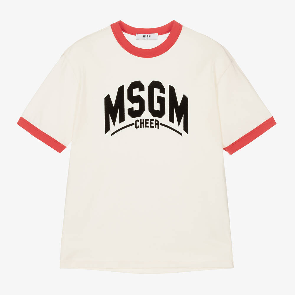 MSGM - تيشيرت بشعار فارسيتي قطن جيرسي لون عاجي للأولاد | Childrensalon