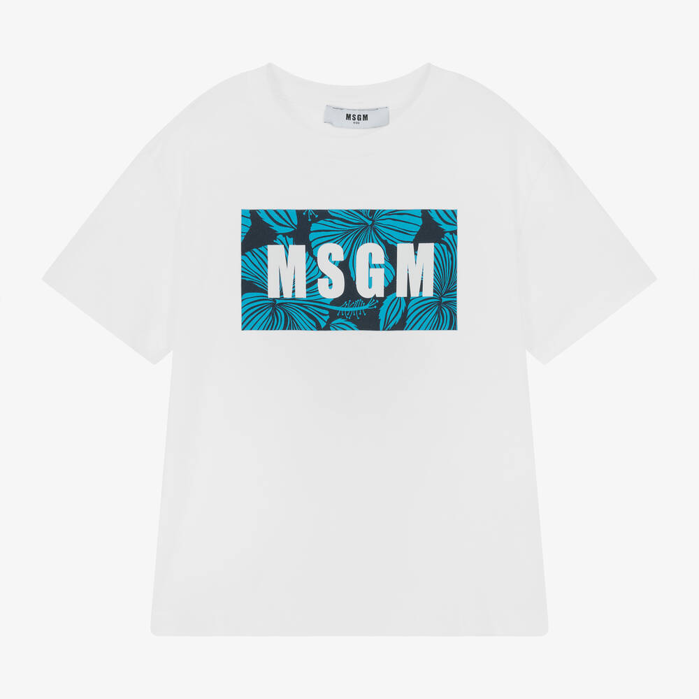 MSGM - تيشيرت قطن لون أبيض وأزرق للأولاد | Childrensalon
