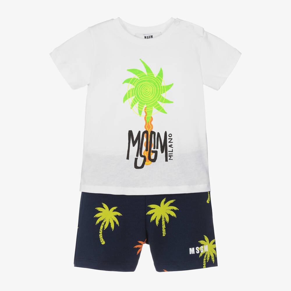 MSGM - Boys White & Blue Palm Tree Shorts Set | Childrensalon
