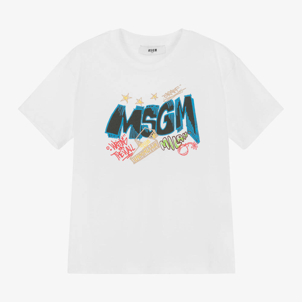 MSGM - Белая хлопковая футболка с граффити для мальчиков | Childrensalon