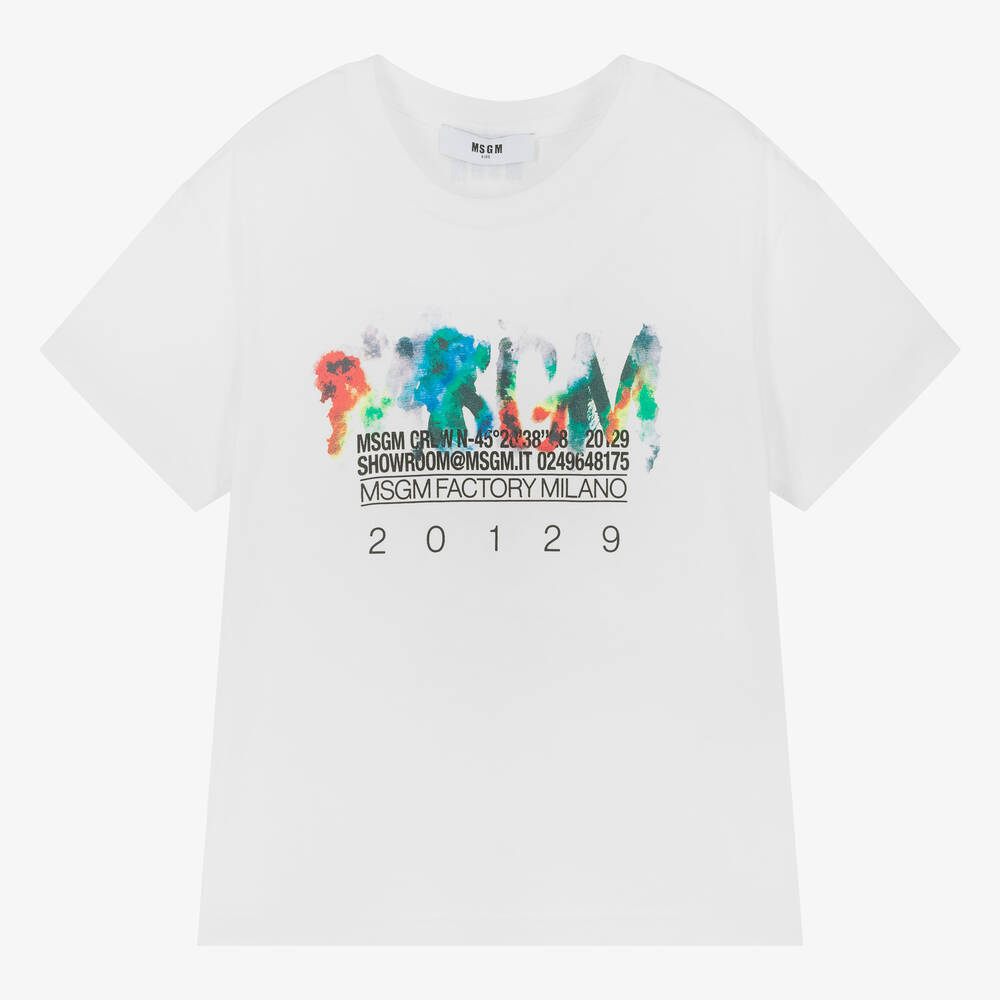 MSGM - Белая хлопковая футболка с брызгами краски для мальчиков | Childrensalon
