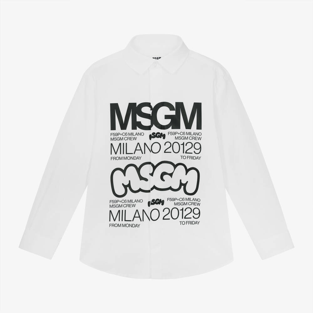 MSGM - قميص قطن بوبلين لون أبيض للأولاد | Childrensalon