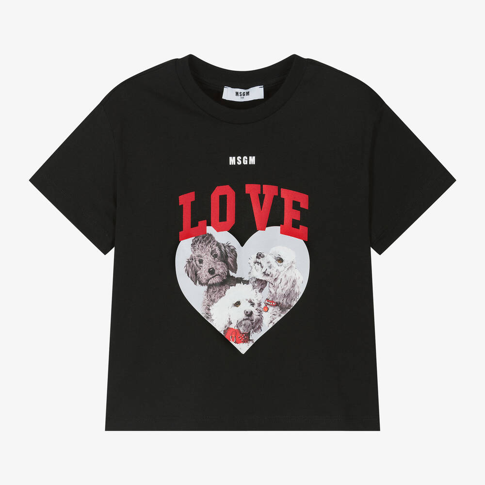 MSGM - Girls Black Cotton Puppy T-Shirt | Childrensalon