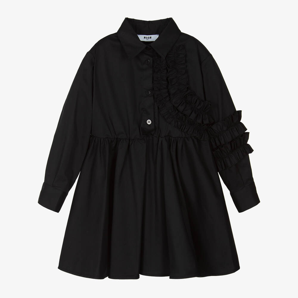 MSGM - Girls Black Cotton Ruffle Shirt Dress | Childrensalon