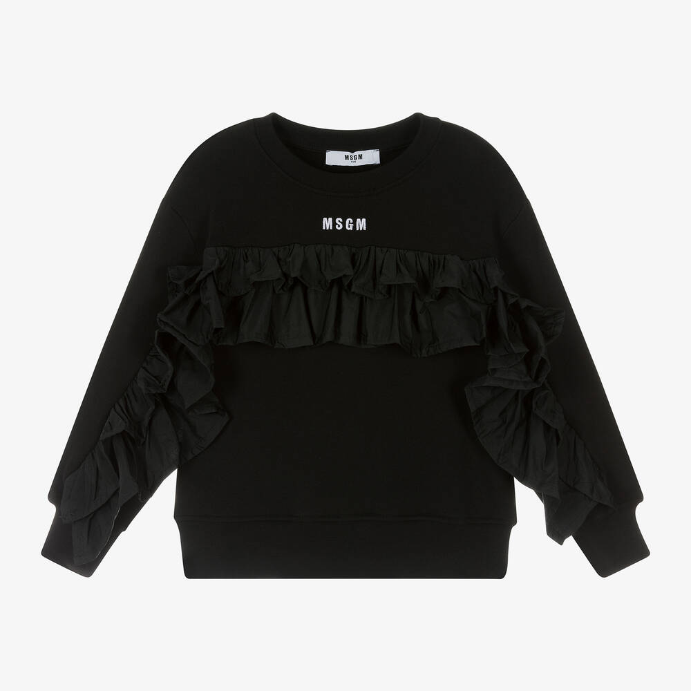 MSGM - Girls Black Cotton Ruffle Sweatshirt | Childrensalon