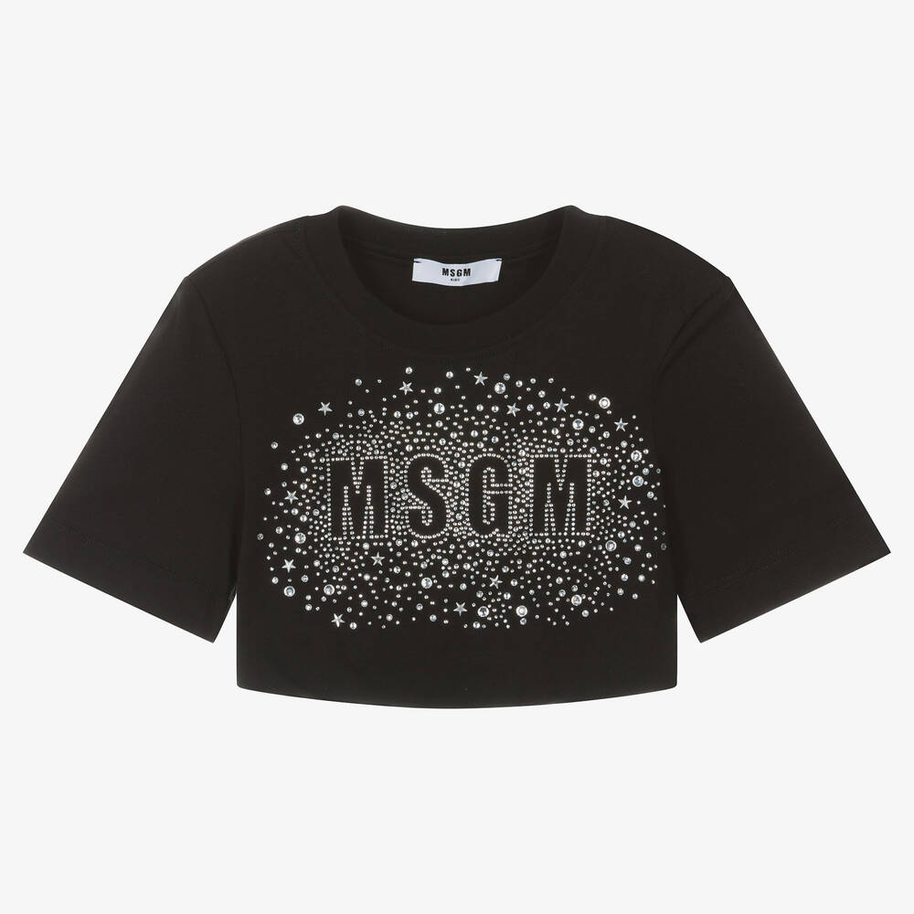Msgm Kids'  Girls Black Cropped Diamanté T-shirt
