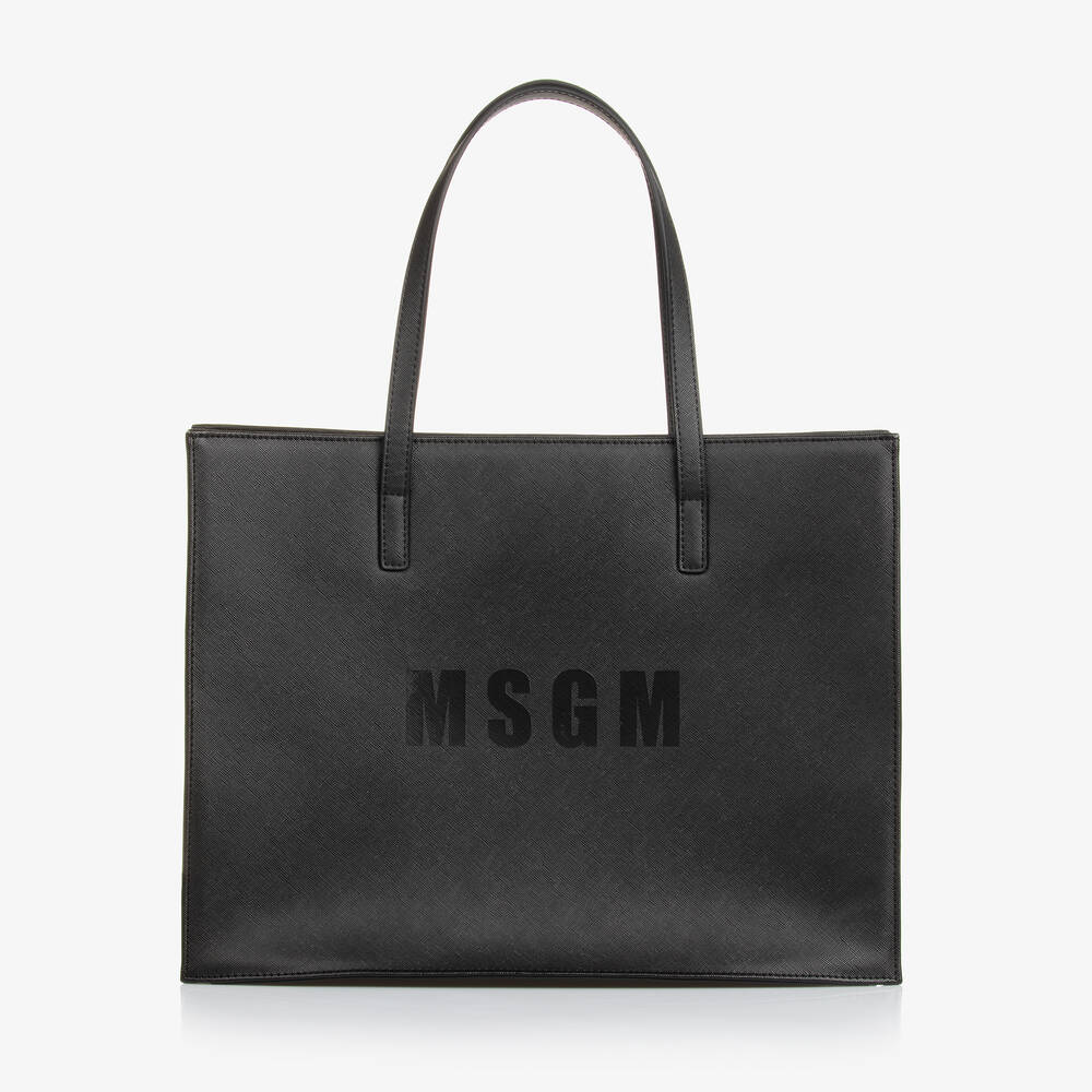 MSGM - Girls Black Faux Leather Tote Bag (39cm) | Childrensalon