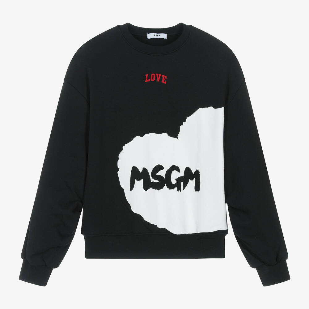 MSGM - Girls Black Heart Print Cotton Sweatshirt | Childrensalon