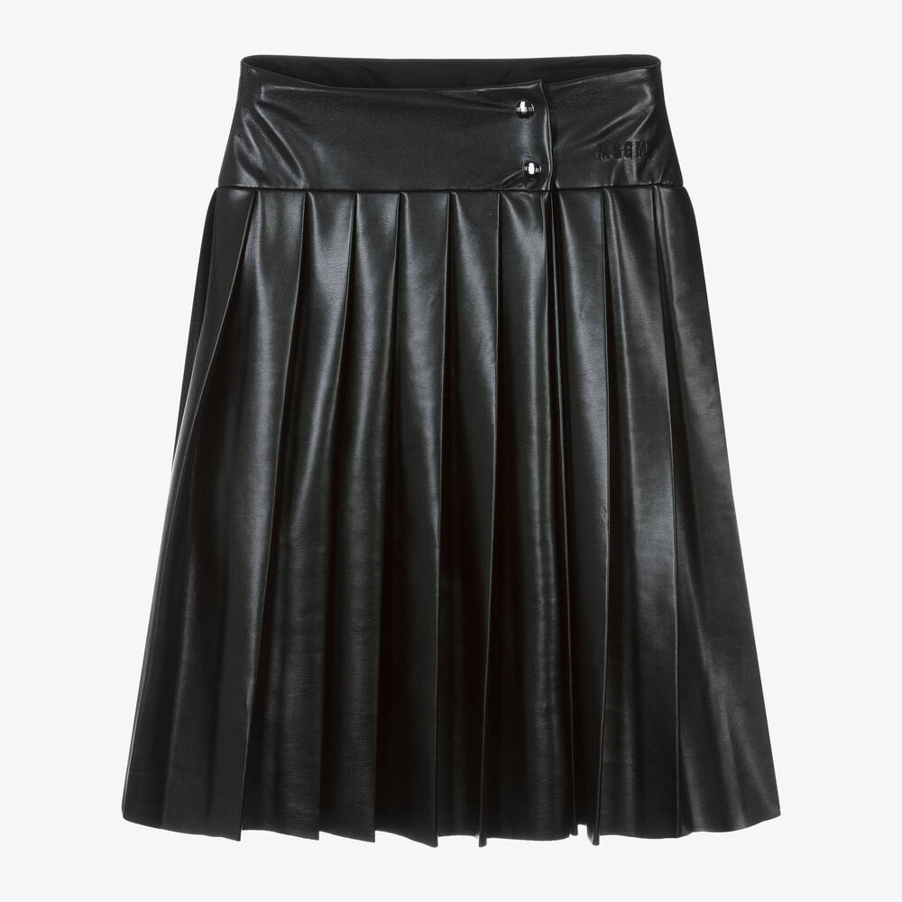 MSGM - Girls Black Pleated Faux Leather Skirt | Childrensalon