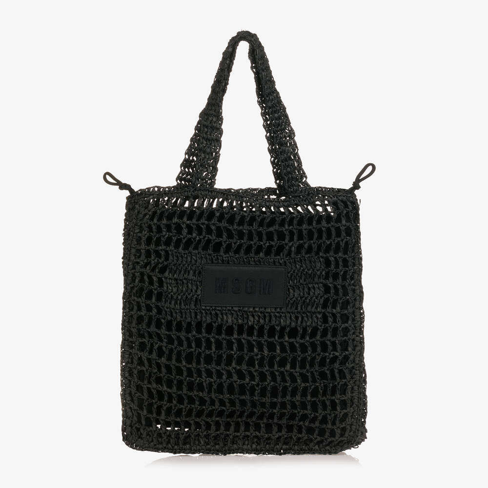Shop Msgm Girls Black Raffia Tote Bag (37cm)