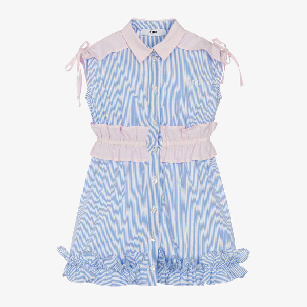 MSGM - Girls Blue Striped Cotton Dress | Childrensalon