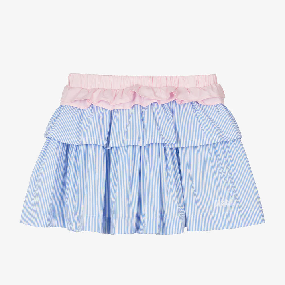 MSGM - Girls Blue Striped Cotton Skirt | Childrensalon