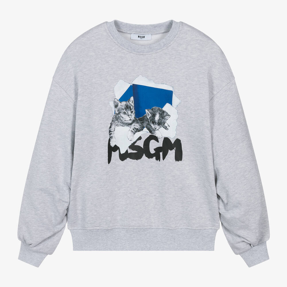 MSGM - Girls Grey Cotton Kitten Sweatshirt | Childrensalon