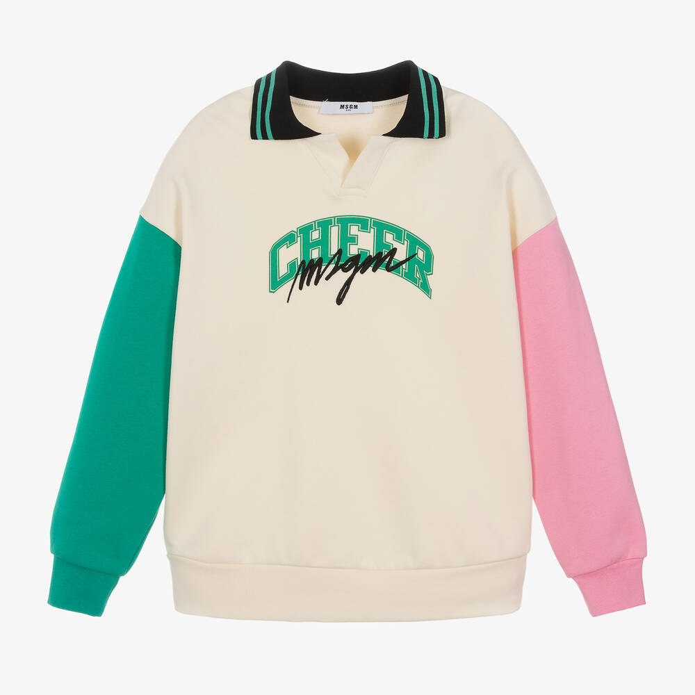 MSGM - Girls Ivory Colourblock Cotton Sweatshirt | Childrensalon