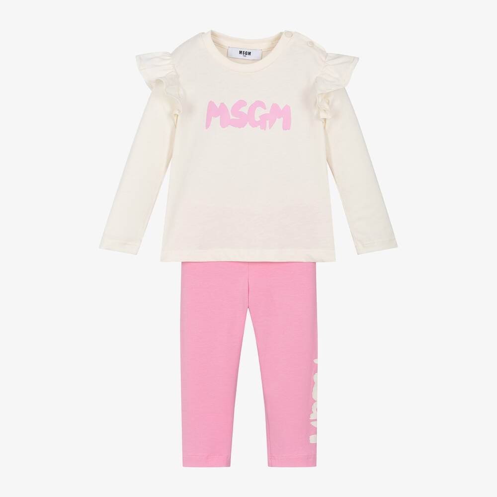 MSGM - Girls Ivory & Pink Cotton Leggings Set | Childrensalon