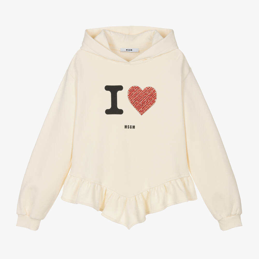 MSGM - Girls Ivory Rhinestone Heart Hoodie | Childrensalon