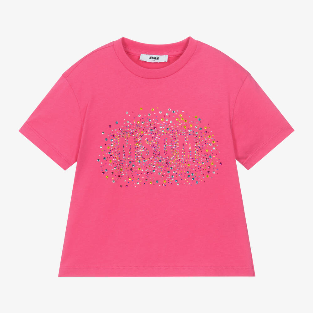 MSGM - Розовая хлопковая футболка со стразами для девочек | Childrensalon